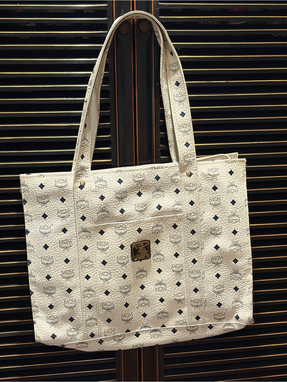 MCM White Logo-Print Canvas Tote with Navy Accents